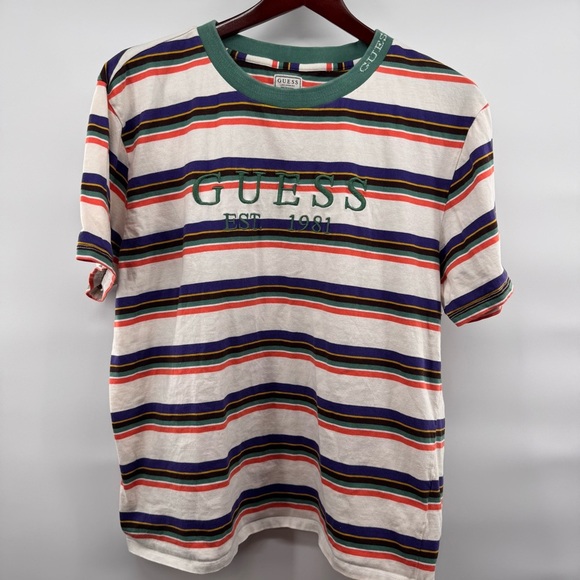 Guess 1981 Retro Multicolor Embroidered Logo Striped T Shirt Mens Vtg 90s - Picture 1 of 8